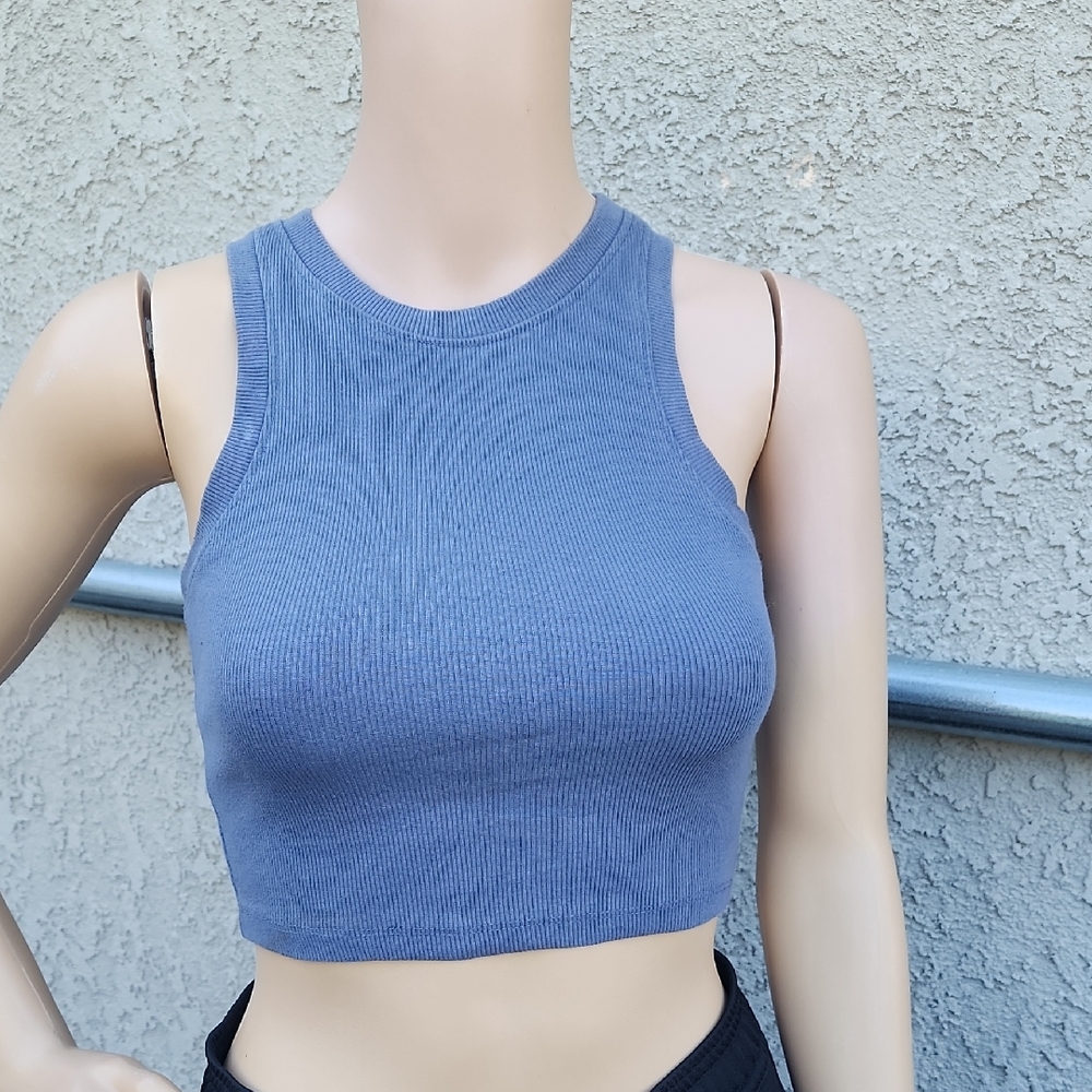 TILLYS High Neck Womens Tank Size XS Blue Sleeveless Ribbed Crop Top